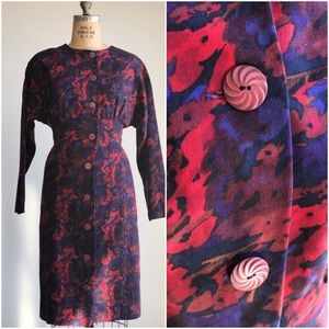 1980s 80s Vintage button down floral abstract midi secretary dress